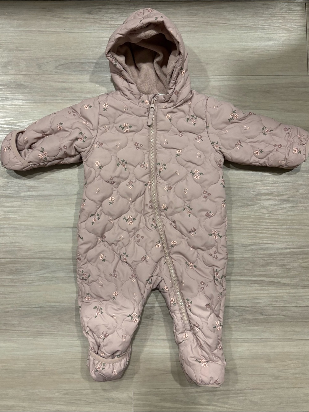 H&M Floral Baby Quilted Hooded One-Piece Snowsuit in Dusty Pink 3/6m